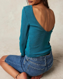 Women Fall Backless Long Sleeve Knit T-shirt S-L