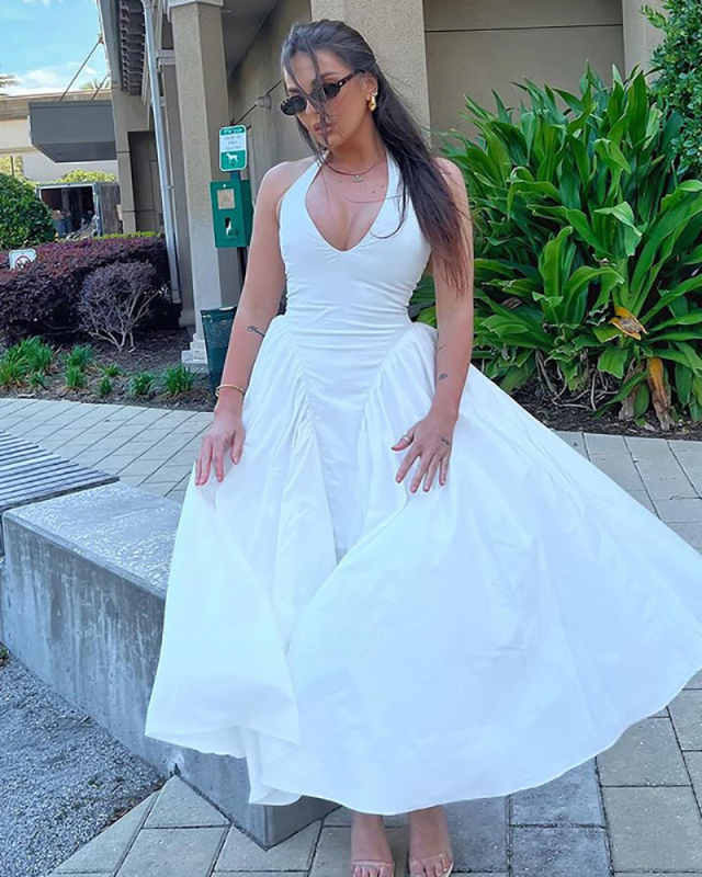 Deep V-neck Women Wholesale Hanging Neck Long Dress S-L