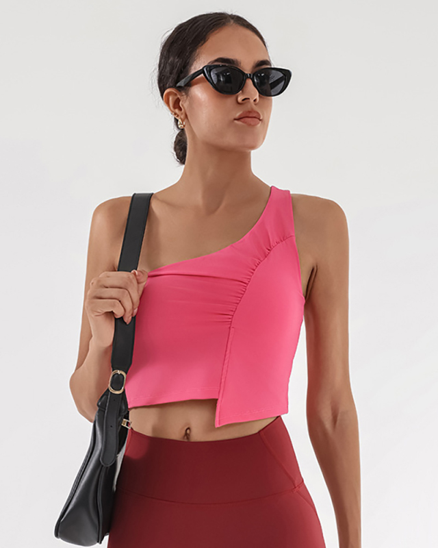 Women Sports Fitness One Shoulder Ruched Irregular Quick Drying Vest S-L