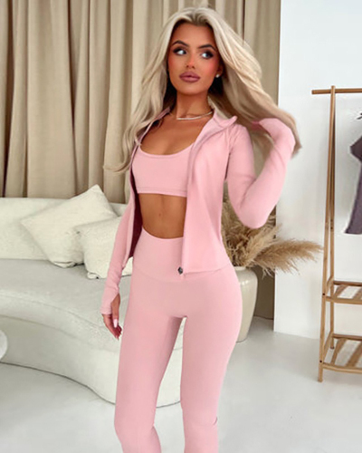 Women's Fashion Casual Hooded Jacket High Waist Slim Fit Two Piece Pants Set S-L