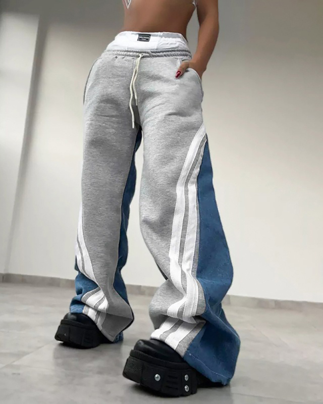 Fashion Trend Contrasting Color Stripes Loose And Wide Leg S-L