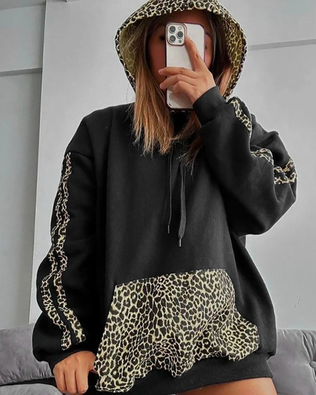 Women's Autumn And Winter New Leopard Print Patchwork Drawstring Pocket Loose Casual Hooded Sweatshirt S-L