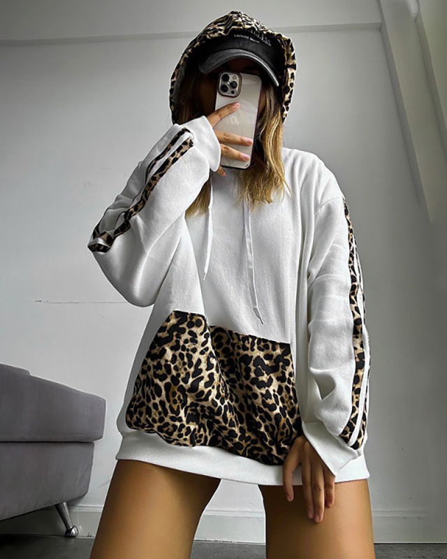 Women's Autumn And Winter New Leopard Print Patchwork Drawstring Pocket Loose Casual Hooded Sweatshirt S-L