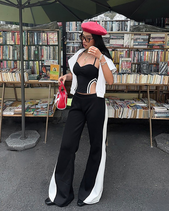 Contrasting Colors Curved Splicing Elastic Straight Leg Casual Flared Pants S-L