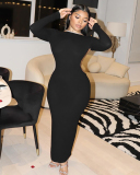 Black Round Neck Backless Long Sleeved Sexy Dress S-L