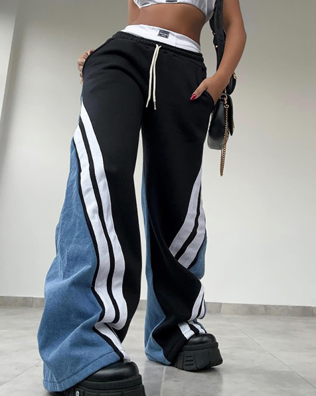 Fashion Trend Contrasting Color Stripes Loose And Wide Leg S-L