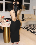 Black Round Neck Backless Long Sleeved Sexy Dress S-L