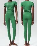 Women Short Sleeve Fitness Quick Drying Ruched Outdoor Running Slim Pants Yoga Sets S-XL