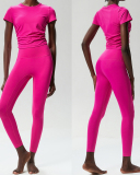 Women Short Sleeve Fitness Quick Drying Ruched Outdoor Running Slim Pants Yoga Sets S-XL