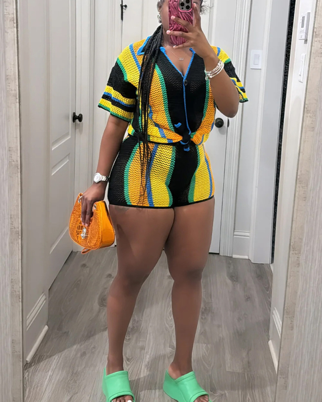 Knitted See Through Women Summer Two Piece Short Set S-XL