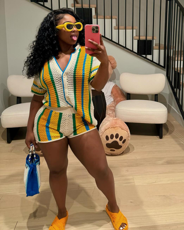 Knitted See Through Women Summer Two Piece Short Set S-XL