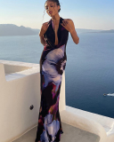 Open Back Printed Vacation Long Dress S-L