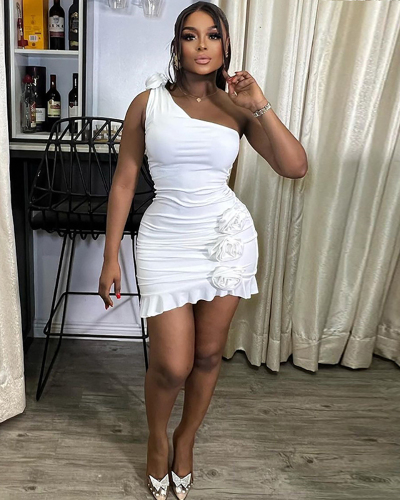 3D Flower Single Shoulder Women Summer Dress S-L