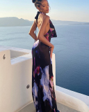Open Back Printed Vacation Long Dress S-L