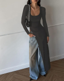 Women's Round Neck Long Sleeved Irregular Slanted Hem Slim Fit Base T-Shirt S-L