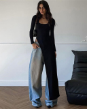 Women's Round Neck Long Sleeved Irregular Slanted Hem Slim Fit Base T-Shirt S-L