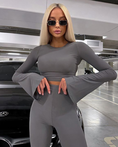 New Women's Flared Sleeves With Exposed Navel Top High Waisted Flared Leggings Set S-L