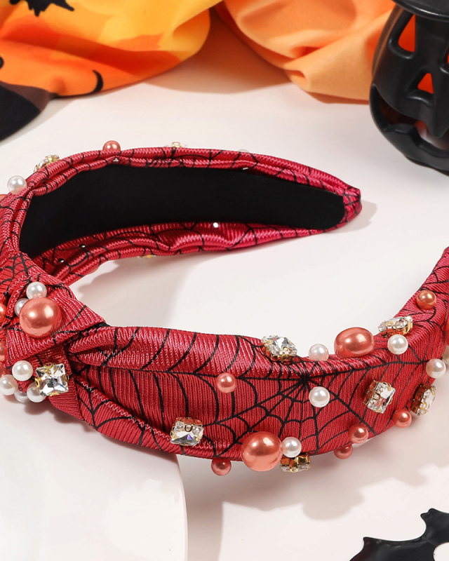 Pearled Rhinestone Knotted Spiderweb Halloween Headband