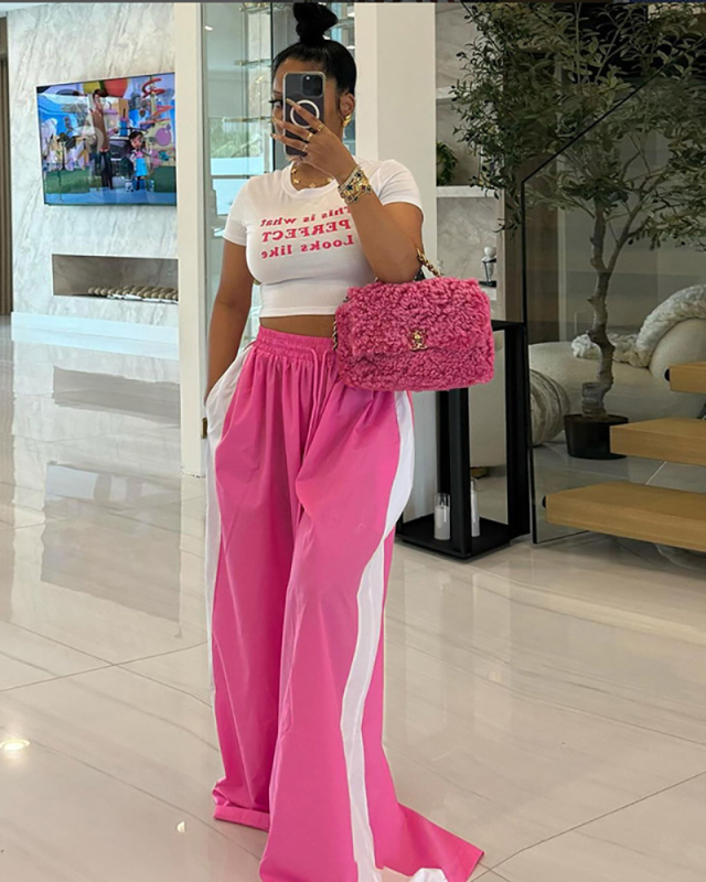 Fashionable Contrasting Color Floor Length Wide Leg Pants S-L