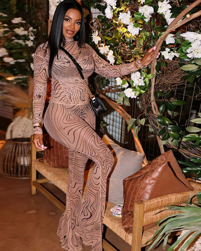 Women Fashion Personalized Printed Mesh Half High Collar Long Sleeve Slimming Pants Set  S-L