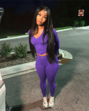 Women Fashion Trend Solid Color Long Sleeved V-Neck Zipper Slim Fit Tight Pants Set  S-L