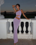 Women New Personalized Patchwork Sloping Shoulder  Sexy Slim Fit Split Dress S-L
