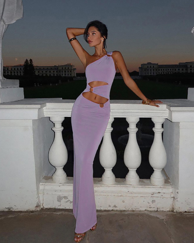 Women New Personalized Patchwork Sloping Shoulder  Sexy Slim Fit Split Dress S-L