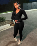 Women Fashion Trend Solid Color Long Sleeved V-Neck Zipper Slim Fit Tight Pants Set  S-L