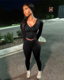 Women Fashion Trend Solid Color Long Sleeved V-Neck Zipper Slim Fit Tight Pants Set  S-L