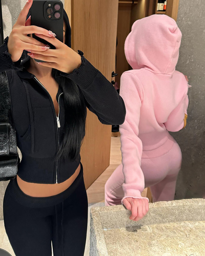 Women Fashion Hooded Cardigan Zipper Drawstring Tie Casual Woolen Pants Set  S-L