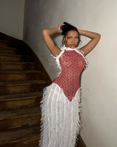 Women New Trendy And Personalized Sleeveless Tassel See Through Patchwork Backless Long  Dress  S-L