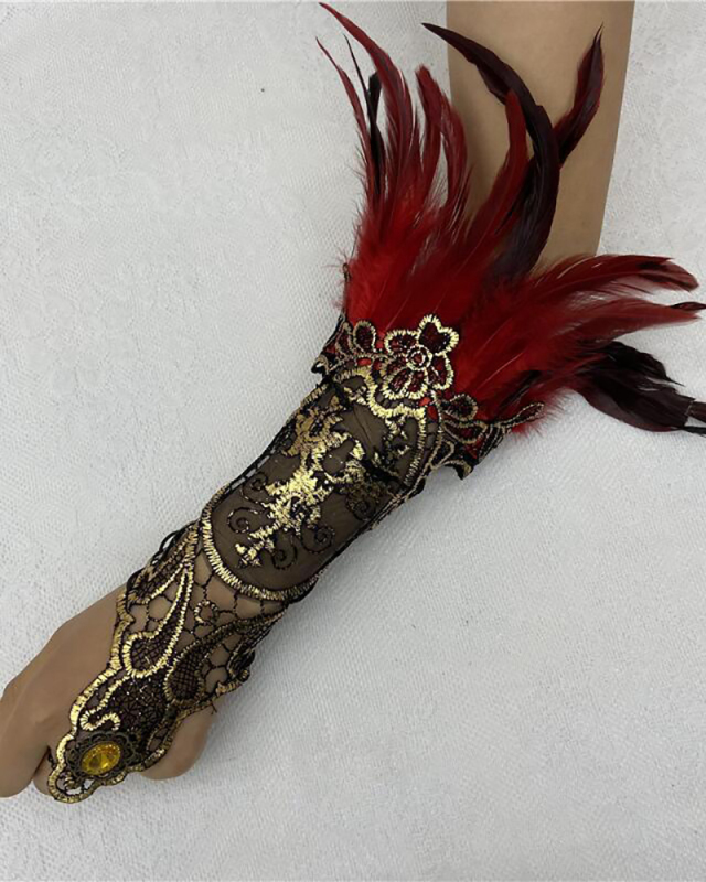 Gothic Style Feather Gloves Hollowed Out Gold Lace Lace Arm Sleeves