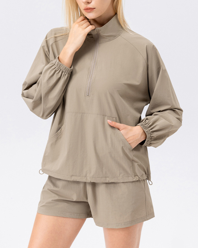 Autumn Sports Loose Stand Zipper Collar Quickly Drying Long Sleeve Top Running Shorts Two Piece Sets S-2XL