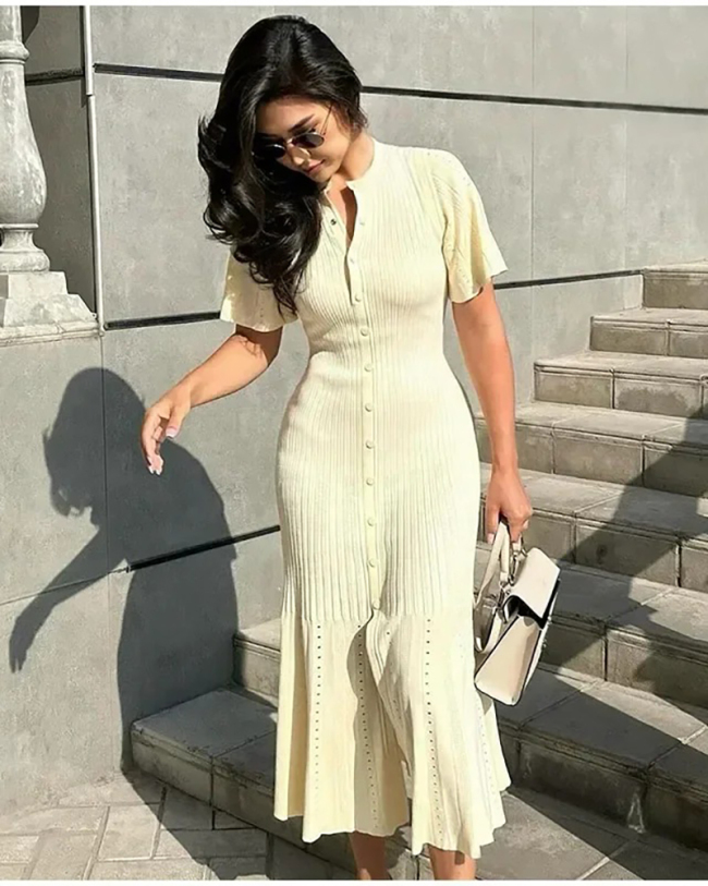 Short Sleeve Knitted High Fashion Women Long Dress S-L