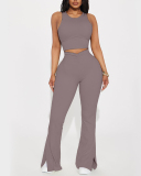 Hot Sale Factory Sleeveless Sports Vest High Waist Wide Leg Pants Two Piece Sets S-L