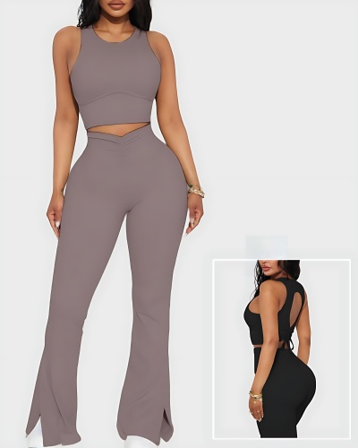 Hot Sale Factory Sleeveless Sports Vest High Waist Wide Leg Pants Two Piece Sets S-L