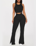 Hot Sale Factory Sleeveless Sports Vest High Waist Wide Leg Pants Two Piece Sets S-L