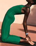Women Sports Strap V Neck Backless High Waist Slim Wide Leg Yoga Jumpsuit S-L