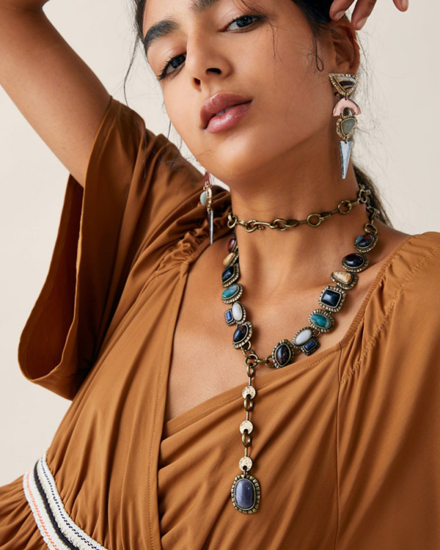 Vintage Metal Gemstone Necklace Long Sweater Chain