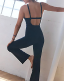 Women Sports Strap V Neck Backless High Waist Slim Wide Leg Yoga Jumpsuit S-L
