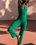 Women Sports Strap V Neck Backless High Waist Slim Wide Leg Yoga Jumpsuit S-L