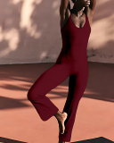 Women Sports Strap V Neck Backless High Waist Slim Wide Leg Yoga Jumpsuit S-L