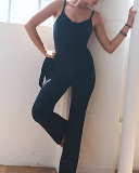 Women Sports Strap V Neck Backless High Waist Slim Wide Leg Yoga Jumpsuit S-L