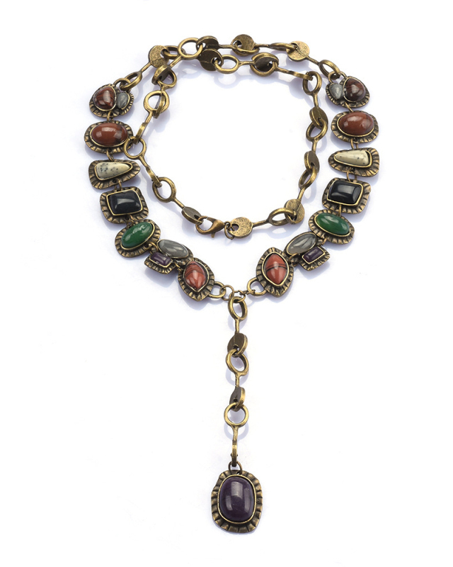 Vintage Metal Gemstone Necklace Long Sweater Chain