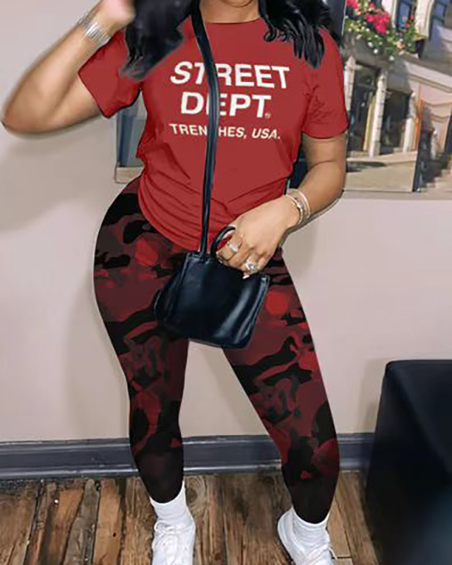 Letter Printed Short Sleeve Women Two Piece Pant Set XS-3XL