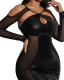 Women Long Mesh Sleeve PU Halter Neck Hollow Out Sexy Slim Dress Black S-L