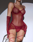 Sexy Women Long Sleeve See Through Lingerie Babydoll Chemise Wine Red White Black S-L