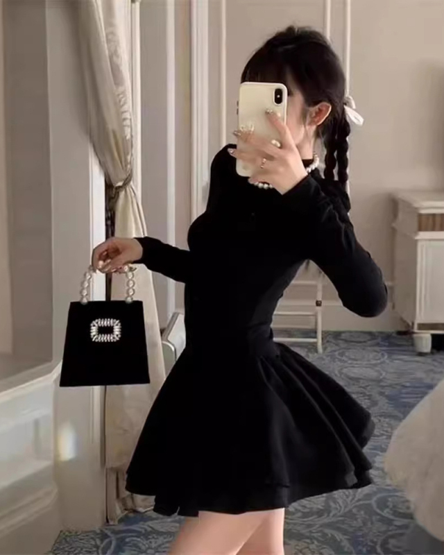 Elegant Long Sleeve Mini Knitted Fluffy Dresses Party Dress Black S-XL