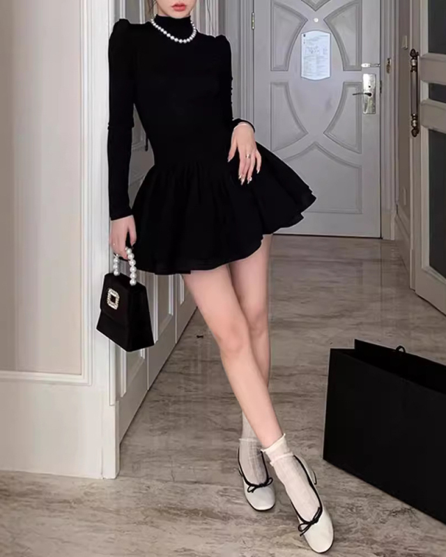 Elegant Long Sleeve Mini Knitted Fluffy Dresses Party Dress Black S-XL
