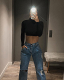 Women's Long Sleeved High Neck Solid Color Short Style Exposed Navel Sexy Slim Fashion T-Shirt S-L